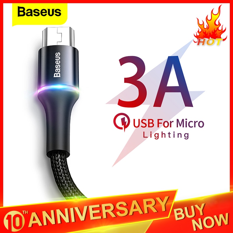 Baseus LED Lighting Micro USB Cable 3A Fast Charging Charger Microusb Cable For Samsung Xiaomi Android Mobile Phone Wire Cord 3m