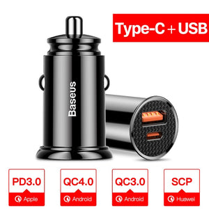Chargeur rapide de voiture d'usb de la Charge 4.0 3.0 de Baseus pour l'iphone Xiaomi Huawei QC4.0 QC3.0 QC Type automatique C PD chargeur rapide de téléphone portable de voiture